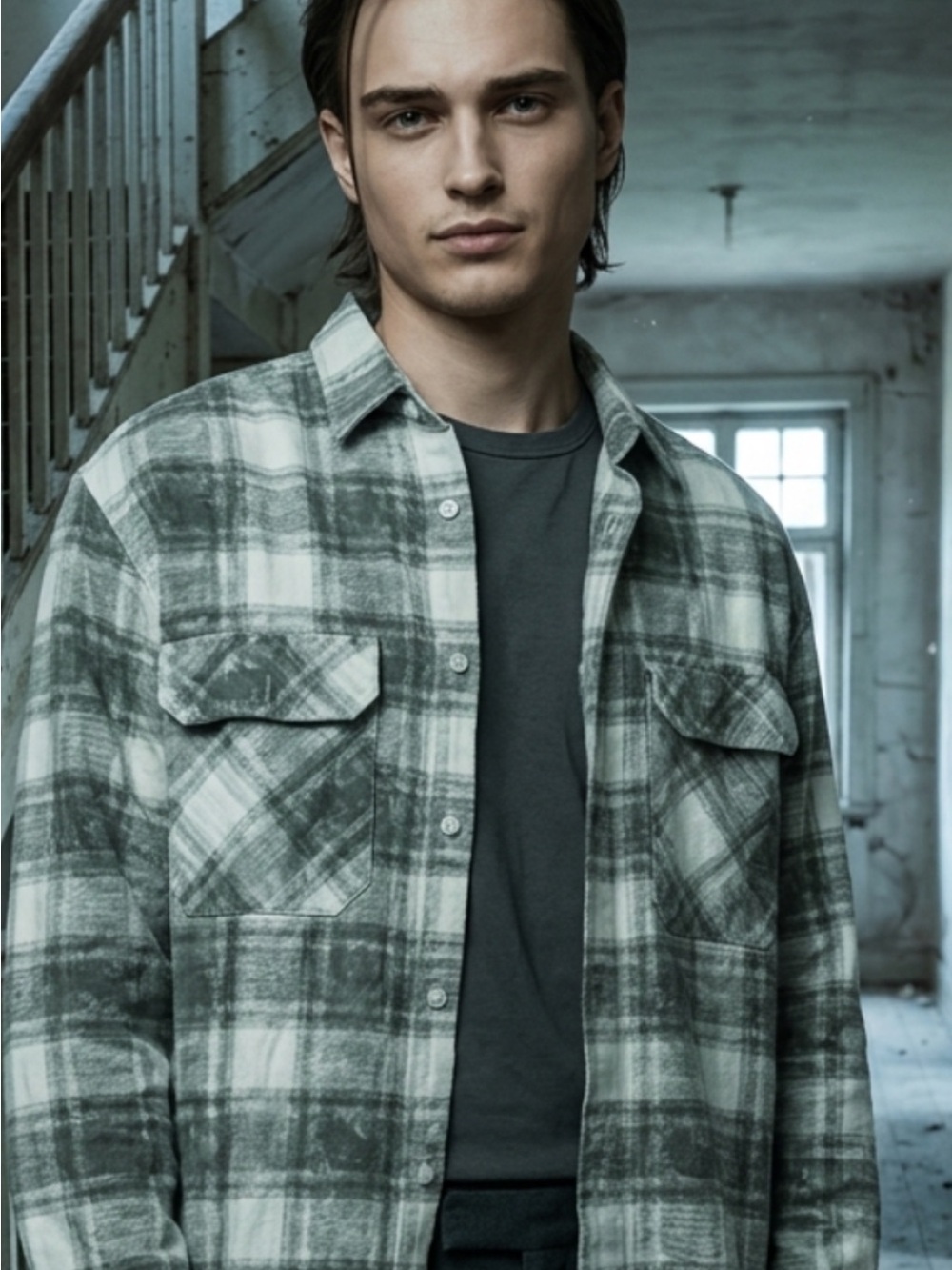 Men's Gray Green Plaid Lightweight Shirt Jacket